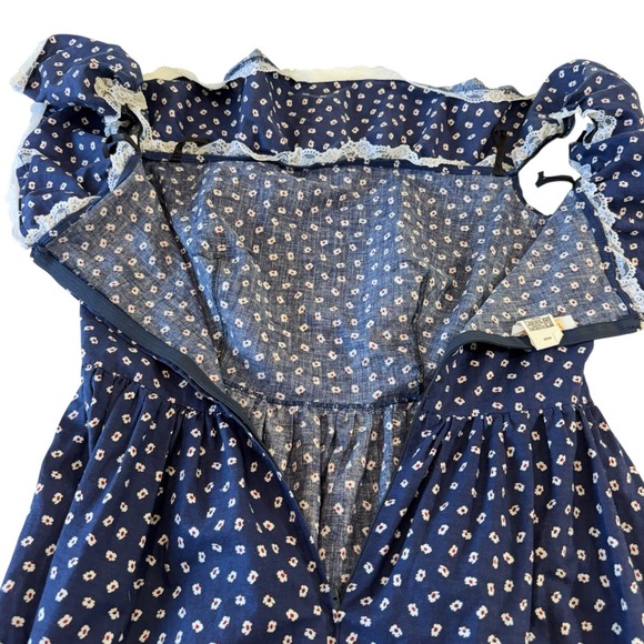 Vintage Berkertex Navy Floral Calico Print Cotton Prairie Lace Ruffle Dress 14 - Picture 8 of 12